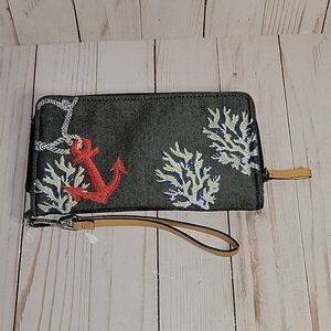 Vera Bradley RFID Beach Zip Around Wristlet Wallet  Shore Thing Coral Anchor